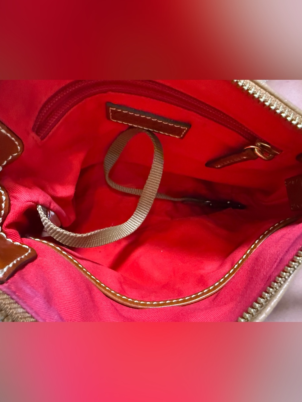 Dooney & Bourke Ginger Pouchette Crossbody Bag Caramel Pebble Leather Brown Trim - Picture 12 of 16